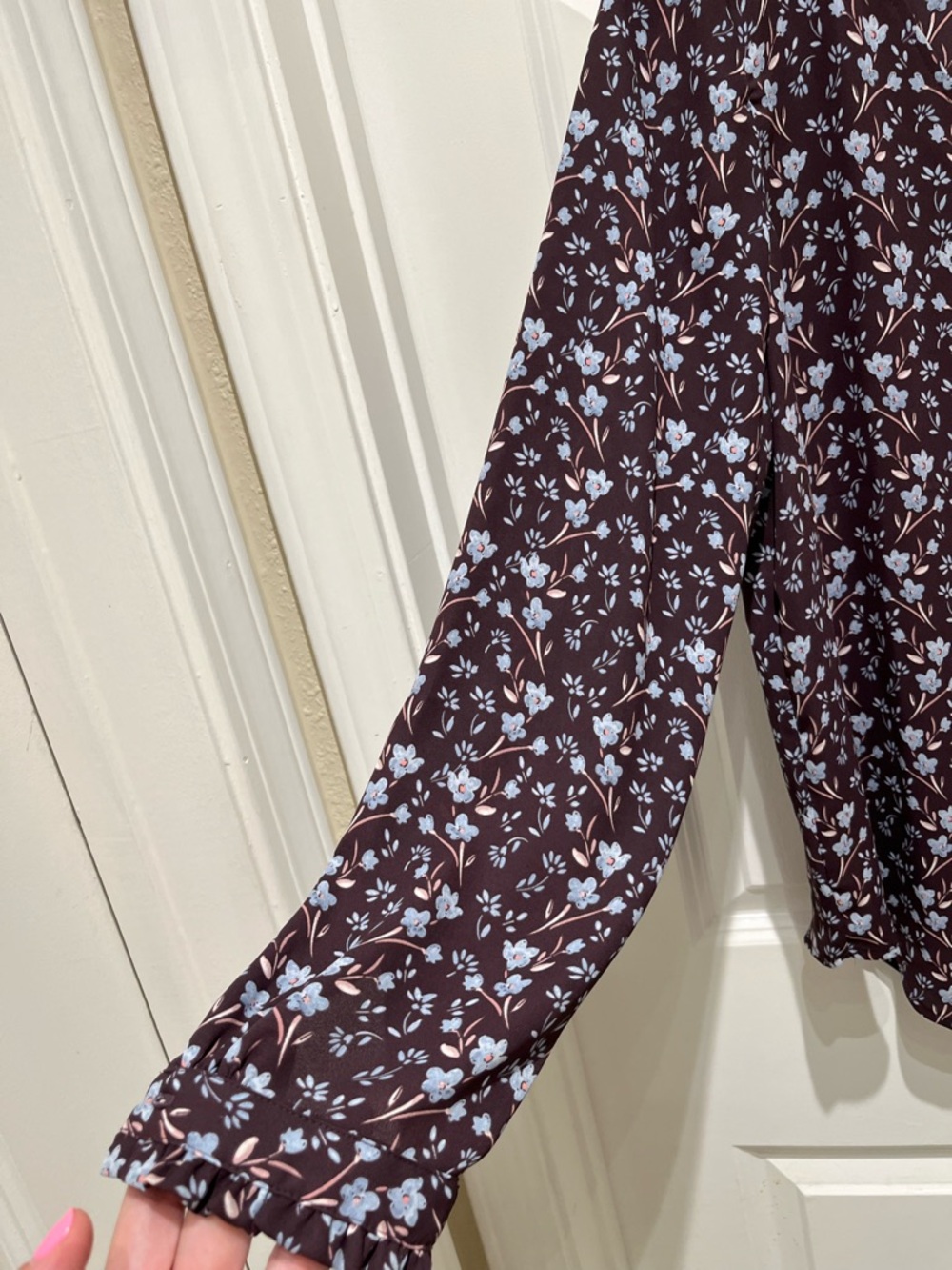 EUC LOFT Dark Brown Blouse with Light Blue Floral Print - Picture 3 of 7